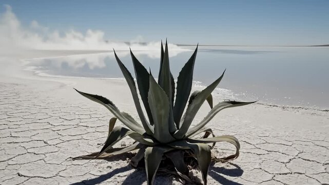 Agave Plant Growing on Cracked Earth Near Salty Lake Under Blue Sky