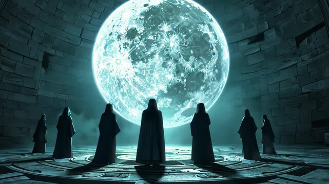 Mysterious Gathering under the Moon: Silhouetted figures gather in an ancient, circular chamber, their cloaked forms set against the backdrop of a colossal, luminous moon.