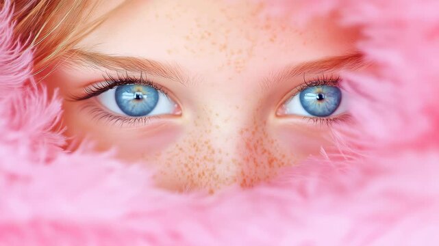 Intriguing Gaze: The captivating eyes are framed by soft, pink plumage, hinting at secrets and innocence, inviting viewers into a world of subtle charm.