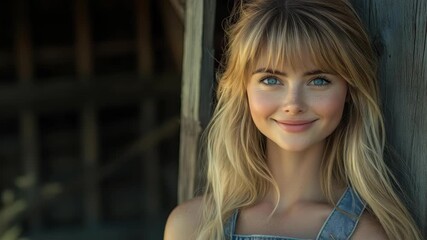 Rustic Charm: A captivating woman with a radiant smile leans casually against a weathered wooden structure, bathed in natural light, exuding warmth and approachability. 