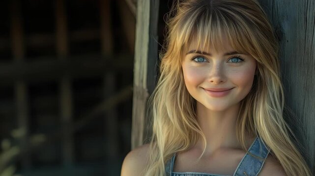 Rustic Charm: A captivating woman with a radiant smile leans casually against a weathered wooden structure, bathed in natural light, exuding warmth and approachability. 