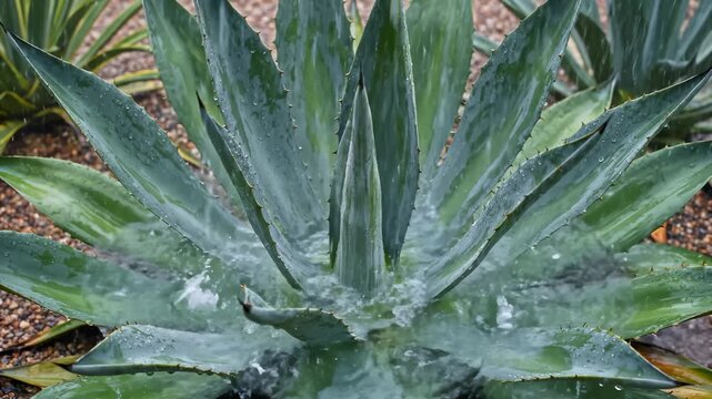 Water Drops Falling on an Agave Plant in a Lush Garden