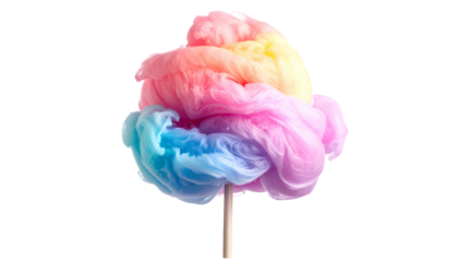A fluffy, rainbow-colored treat. Swirls of vibrant colors on a wooden stick