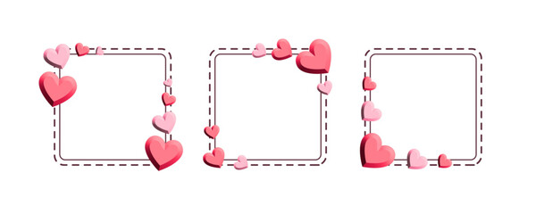 Set of Dashed Square Frames with Decorative 3D Pink Heart Accents on White Background
