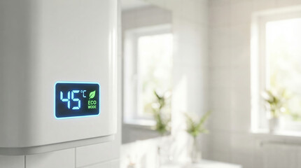 Display shows temperature of 45 degrees Celsius with eco mode indicator on a water heater in a bright bathroom setting during the spring day