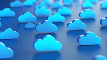 Blue Cloud Computing: An array of stylized blue cloud icons float against a deep blue backdrop, representing the essence of data storage, information technology and digital connectivity.