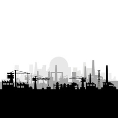 Obraz premium Industrial city skyline silhouette with factories and construction cranes.