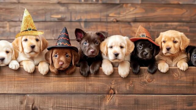 Puppies in Hats: A heartwarming scene captures a row of adorable puppies, each adorned with whimsical hats, bringing joy and a sense of playful festivity.