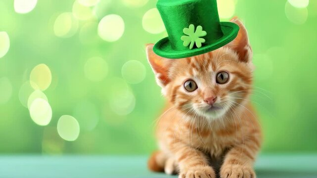 Lucky Cat: A charming ginger kitten, donning a festive green hat adorned with a four-leaf clover, sits poised against a vibrant, blurred green backdrop, embodying the spirit of St. Patrick's Day.