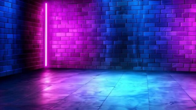 Neon Brick Wall: An empty room with exposed brick walls, bathed in a vibrant neon glow, creating a striking and modern ambiance. 