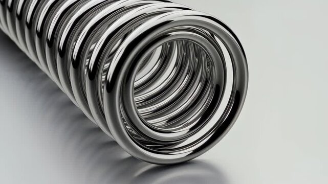 Spiral Spring: Close-up of a metallic spring, showcasing its coiled design, gleaming under soft, diffused light, highlighting its industrial precision and metallic texture.