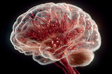 3D-rendered human brain with detailed neural connections and structures. Generative AI