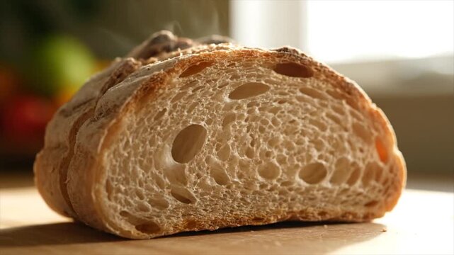 Close-up of a sliced loaf of bread on a wooden surface.