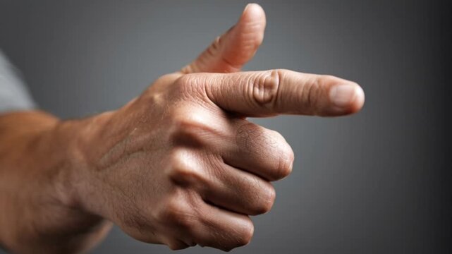 A close-up view of a person's hand making a pointing gesture with the index finger, capturing human communication, direction, emphasis, and intention in a minimal, expressive moment detail focus