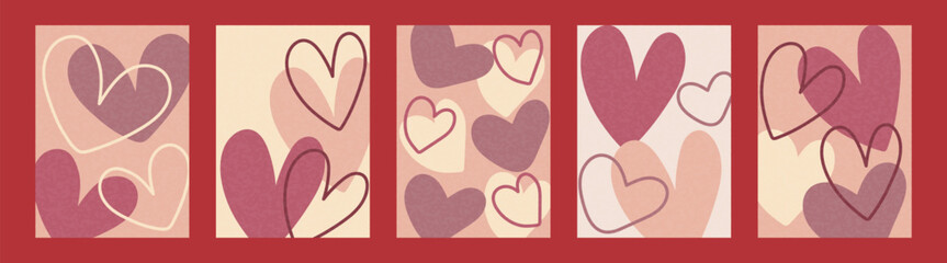 A set of five vertical abstract backgrounds with various hearts for Valentine's Day. Love concept. Romantic graphic design for a card.