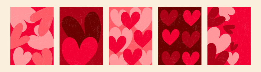 A set of five abstract posters featuring hearts in various shades of red and pink. A romantic and modern design for Valentine's Day or expressing love.