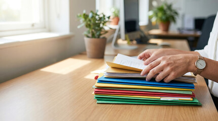 Organizing folders and documents on a wooden desk in a bright office during daytime with a potted plant in the background