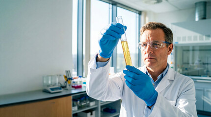 Scientist observes reaction in test tube with acidic solution while working in laboratory during daylight hours