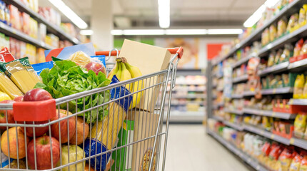 A shopping cart brimming with a variety of groceries makes its way down a bright and busy supermarket aisle in the daytime