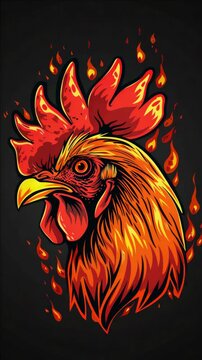 Stylized of a flame-haired rooster with fiery background.