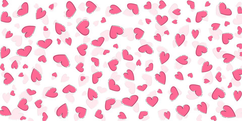 Pink Hand Drawn Heart Scatter Pattern Background with Doodled Shapes on White