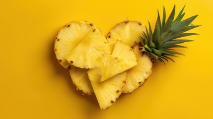 Slices of pineapple are arranged to form a heart shape on a bright yellow background. This setup is simple and features fresh fruit displayed in a unique way.