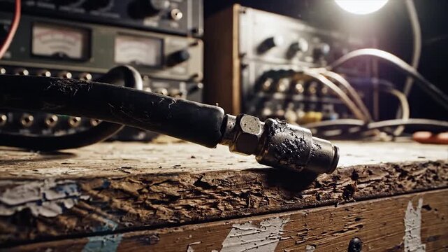 Close-up of a vintage radio equipment on a wooden surface.
