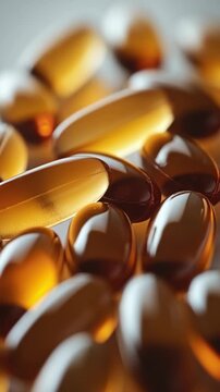 A group of Omega 3 fish oil capsules in different shades of orange and red.