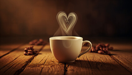 ほっと一息のコーヒータイム ハートの湯気と木の質感が優しい雰囲気.生成AI