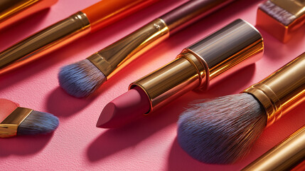Professional Makeup Brushes Set with Lipstick on Pink Background, Beauty and Cosmetics Flat Lay, Glamour Makeup Tools for Fashion and Skincare Branding