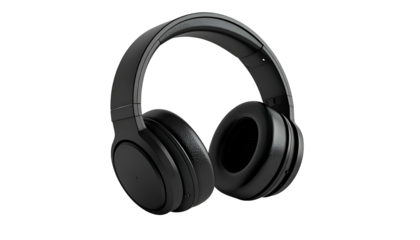 Black, over-ear headphones, isolated against a solid black background, showcasing audio device