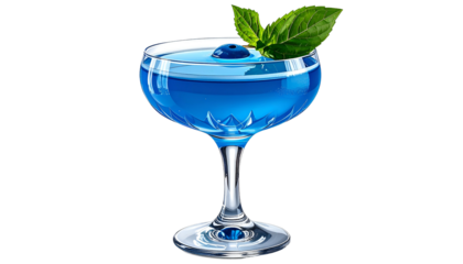 A vibrant blue cocktail in a crystal glass, garnished with a blueberry and basil