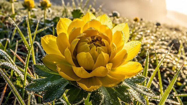 Close Up of a Winter Aconite Flower and Morning Dew Drops