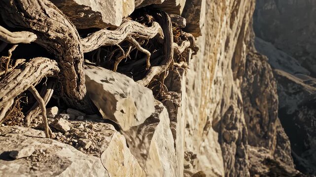 Small Avalanche of Rocks Crashing Down the Cliff Face in Wilderness