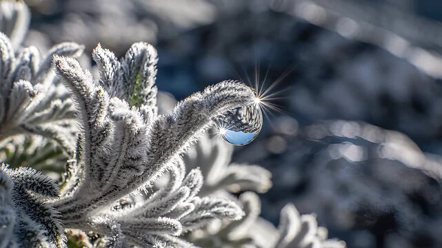 Water Droplet Hangs From Fluffy Plant in Bright Sunlight