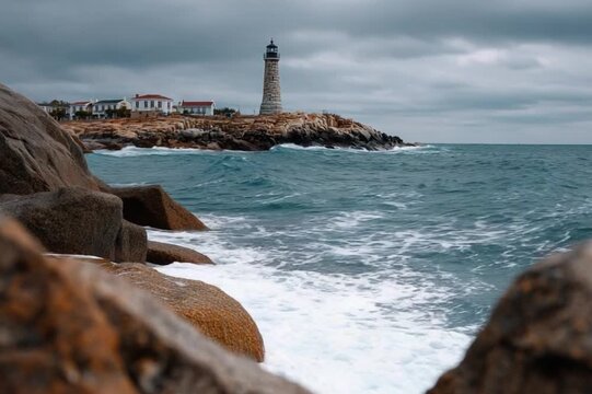 Beacon of Resilience: A solitary lighthouse stands firm against the turbulent sea, guiding ships through the choppy waters under a moody sky. A testament to steadfastness.