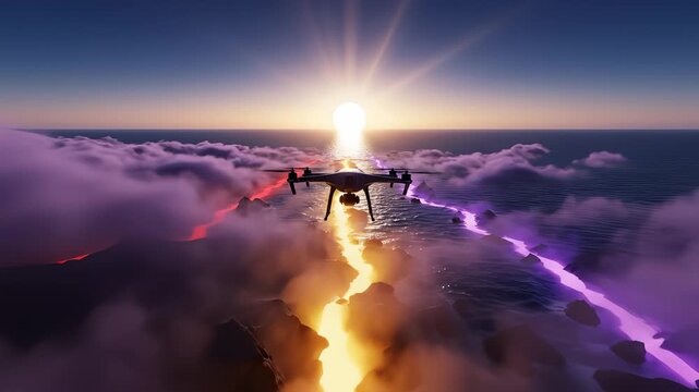 Drone Flies Over the Ocean With Colorful Light Trails at Sunset