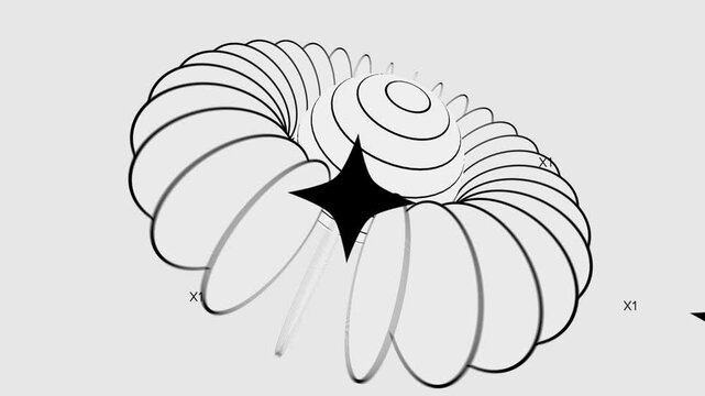 Abstract Geometric Line Motion with Rotating Forms such as sphere, flat circle coin, popping out stars and text