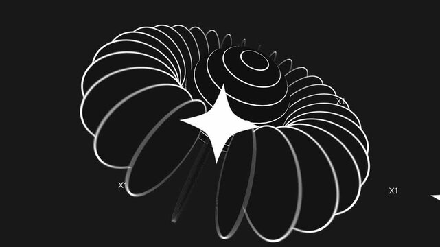 Abstract Geometric Line Motion with Rotating Forms such as sphere, flat circle coin, popping out stars and text