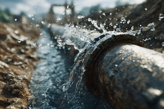 A cut main sewer line being hydro jetted for cleaning