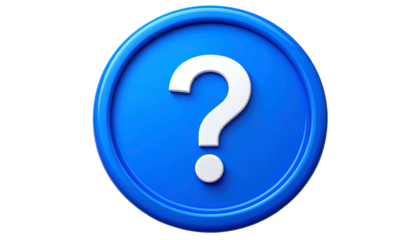 A 3D rendered blue coin with a white question mark icon in the center