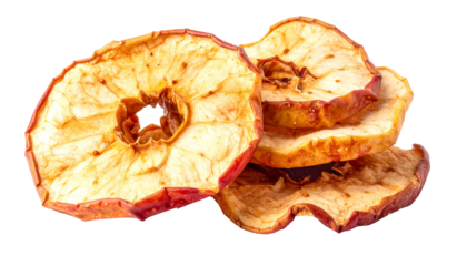 Close-up of several baked apple slices, golden brown with red edges, stacked