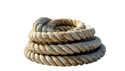 Close-up of coiled, thick rope, isolated against a black backdrop, showcasing texture
