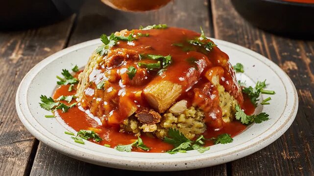 Mofongo mound on a plate with vibrant sauce drizzling over it
