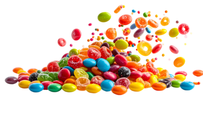 A vibrant cascade of colorful, sugary candies pouring onto a small pile