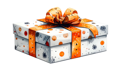 Watercolor gift box wrapped in white paper with orange polka dots, bow, and snowflakes