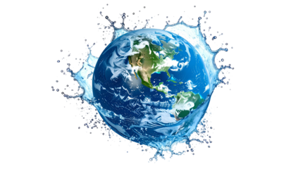 Globe engulfed in splashing water against a black background. Represents environmental themes