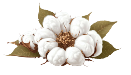 Digital illustration of a cotton blossom arrangement with leaves, isolated on black