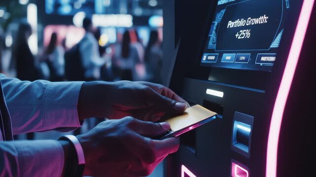 Man Pays Using Phone on Neon Lit Atm on City Street at Night