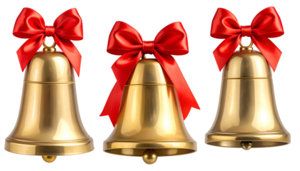 Three golden bells with red bows, against a stark black background